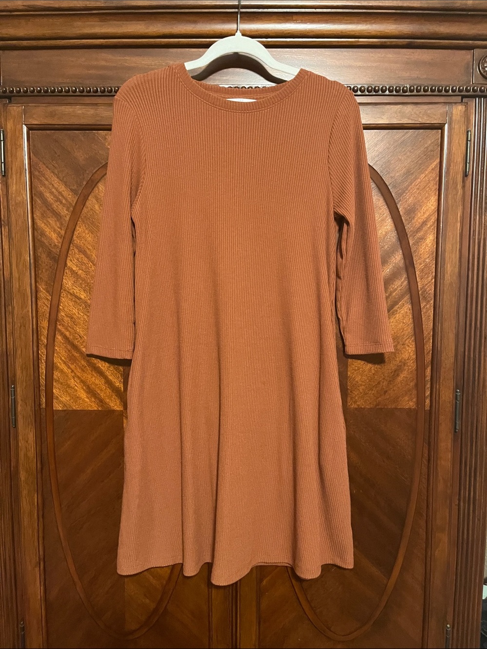Time and Tru Ribbed Knit Swing Dress in Rust Brown